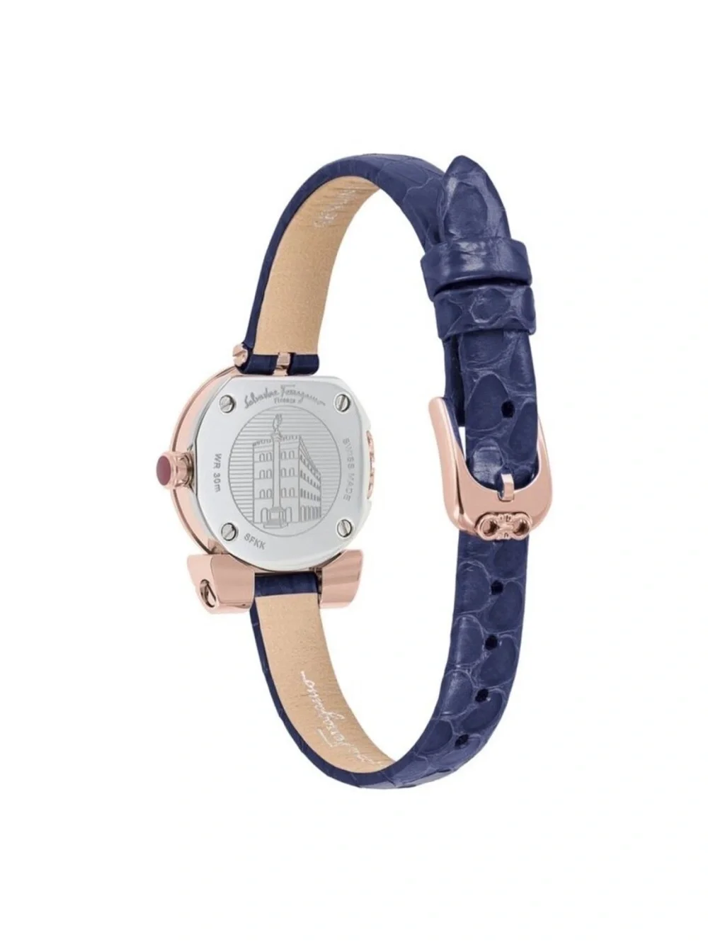 Salvatore Ferragamo Gancino Rose Gold and Blue Leather Women's 23mm Watch NEW